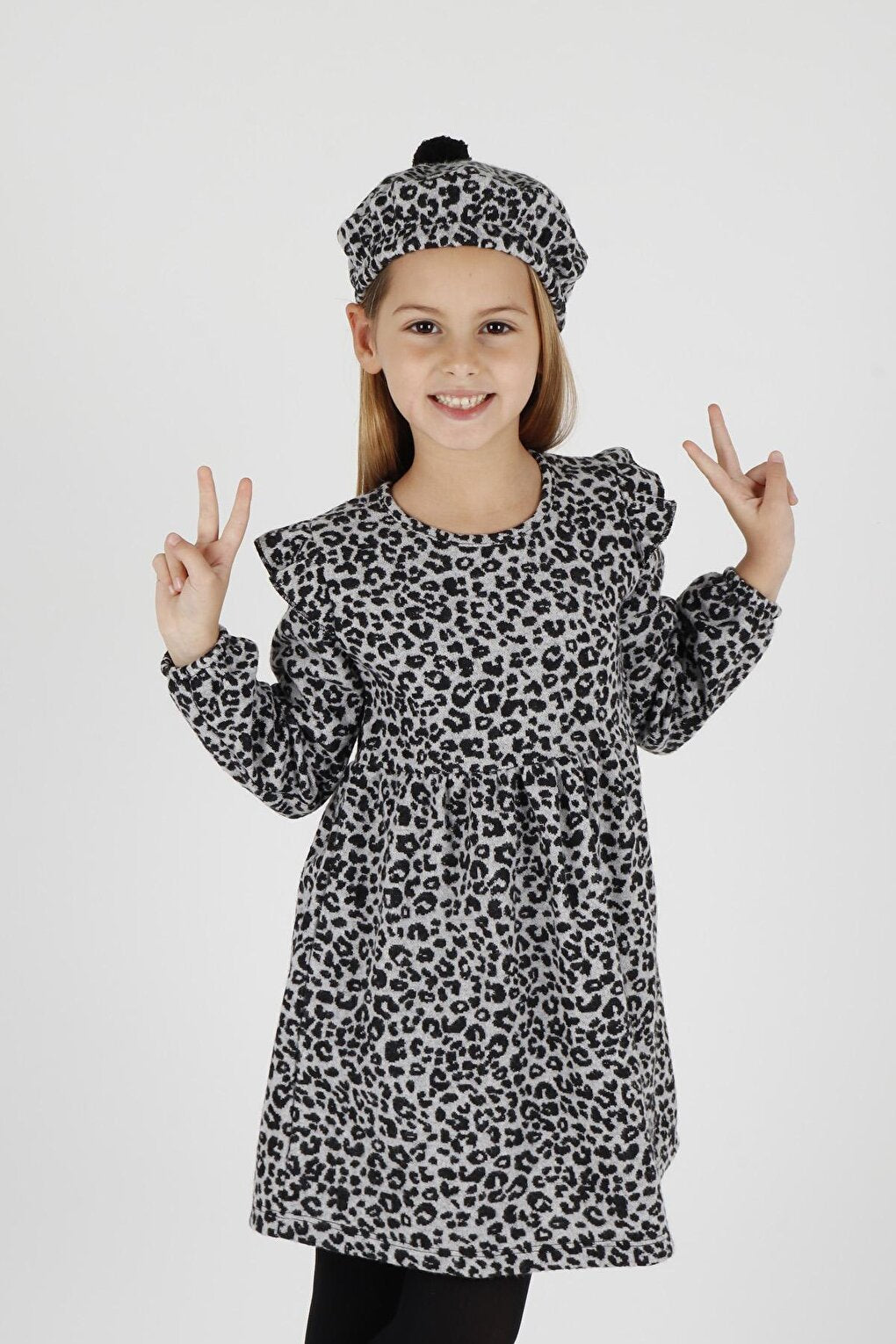 Girl's Leopard Patterned Ruffle Detailed Trendy Dress with Hat Ak2401