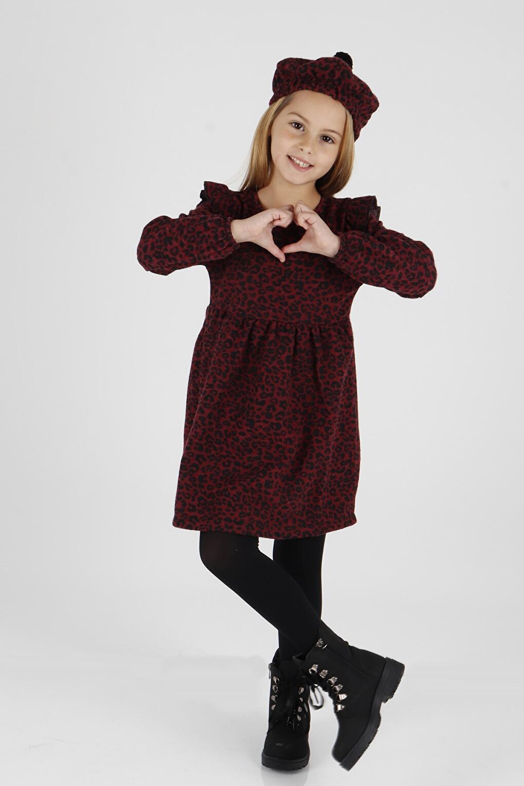 Girl's Leopard Patterned Ruffle Detailed Trendy Dress with Hat Ak2401