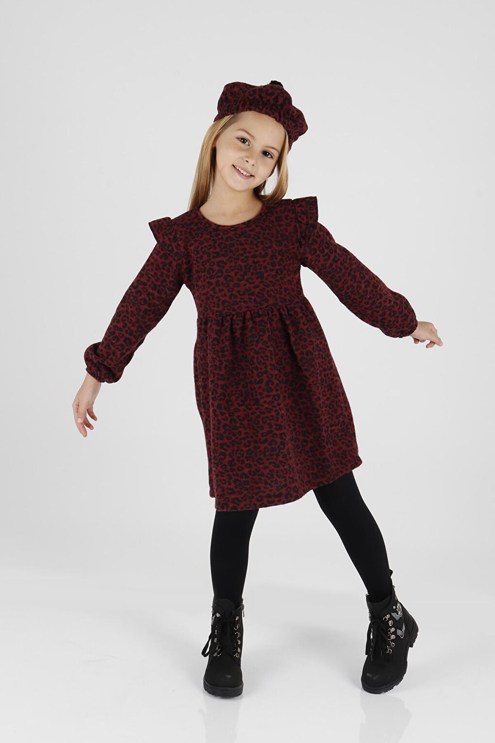 Girl's Leopard Patterned Ruffle Detailed Trendy Dress with Hat Ak2401