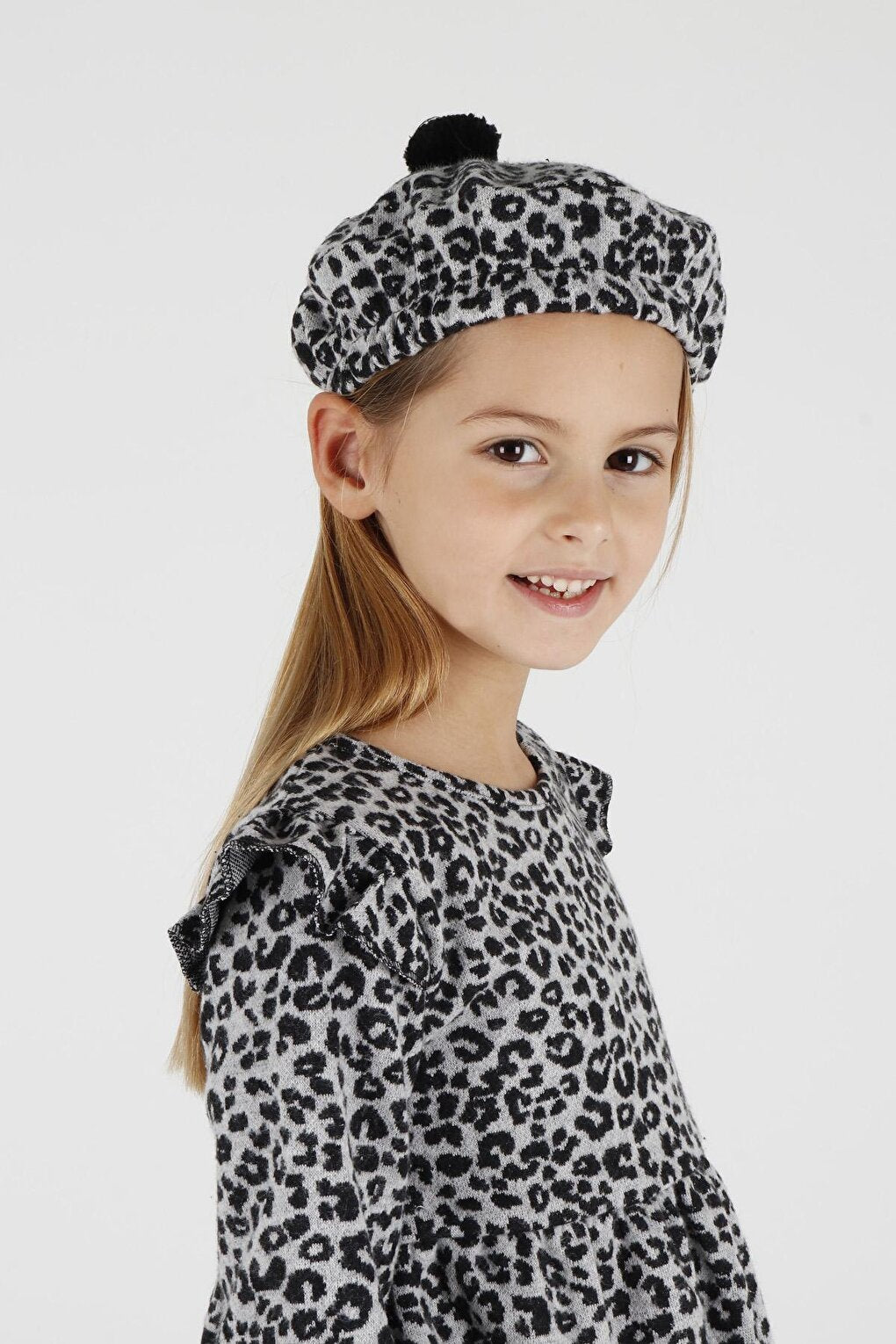 Girl's Leopard Patterned Ruffle Detailed Trendy Dress with Hat Ak2401