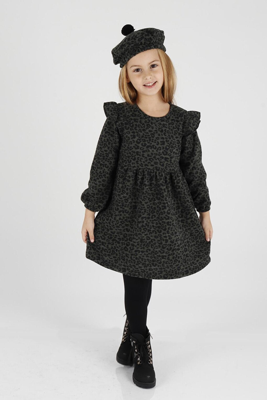 Girl's Leopard Patterned Ruffle Detailed Trendy Dress with Hat Ak2401