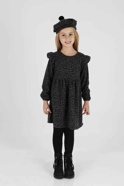 Girl's Leopard Patterned Ruffle Detailed Trendy Dress with Hat Ak2401