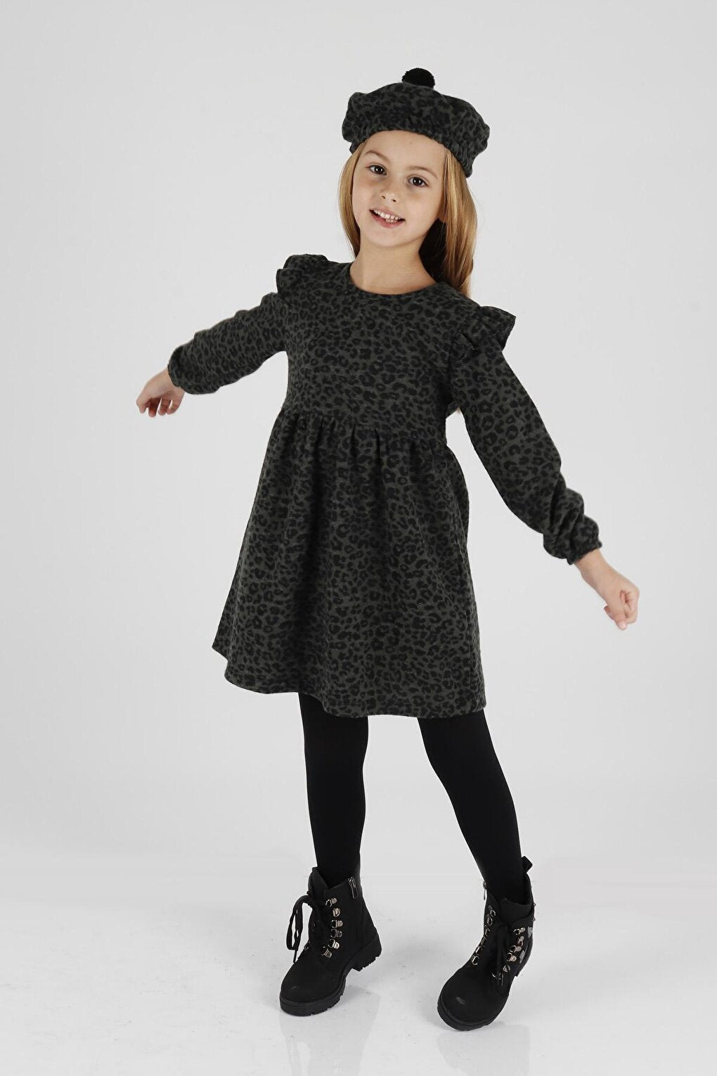 Girl's Leopard Patterned Ruffle Detailed Trendy Dress with Hat Ak2401