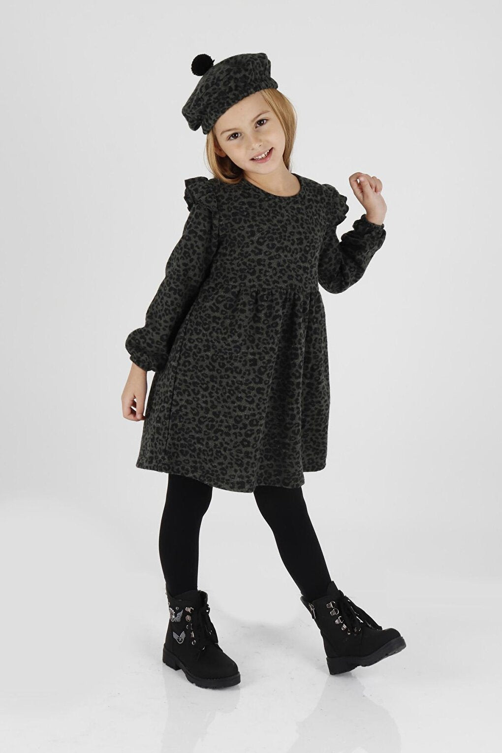 Girl's Leopard Patterned Ruffle Detailed Trendy Dress with Hat Ak2401