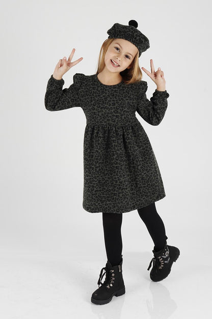 Girl's Leopard Patterned Ruffle Detailed Trendy Dress with Hat Ak2401