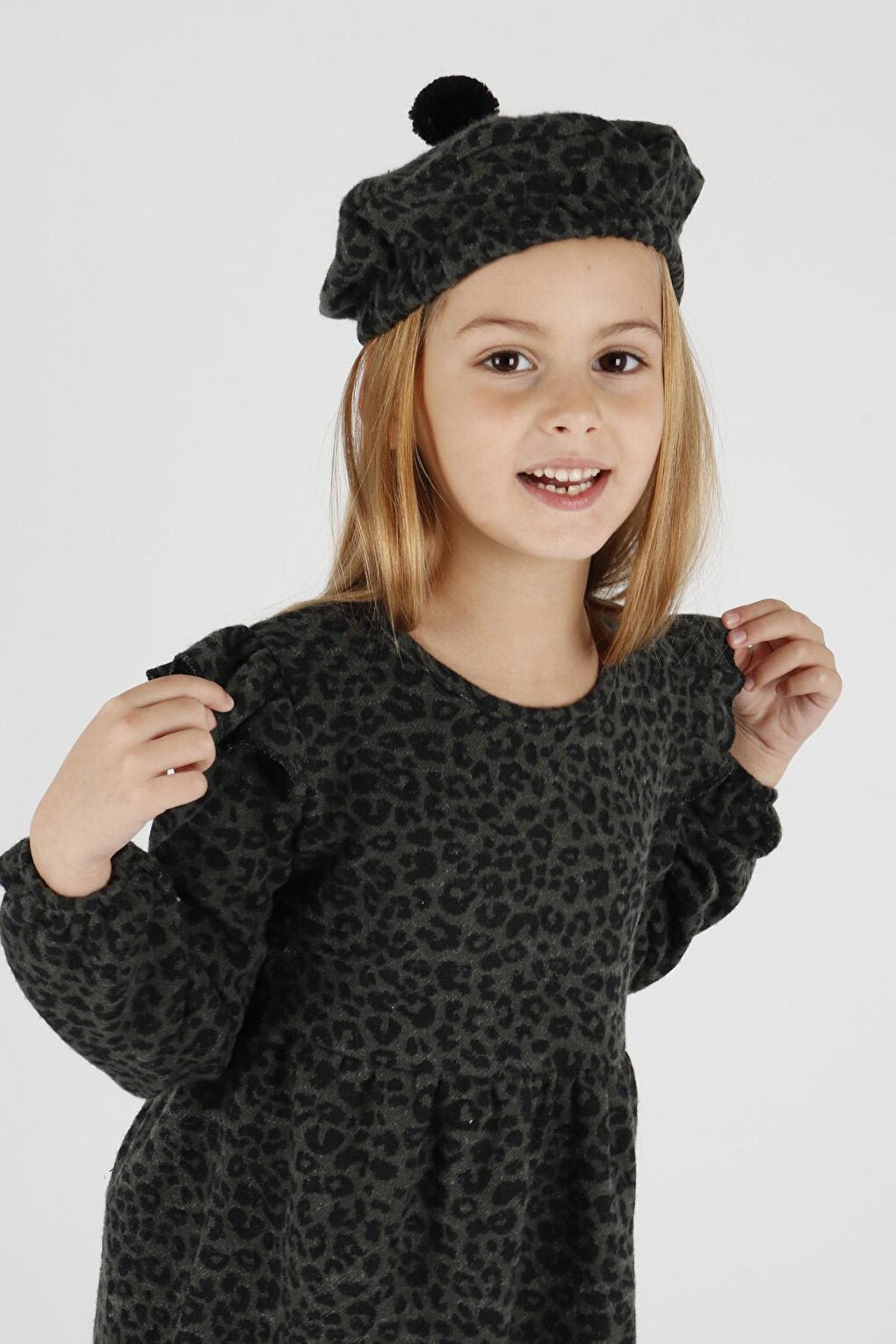 Girl's Leopard Patterned Ruffle Detailed Trendy Dress with Hat Ak2401