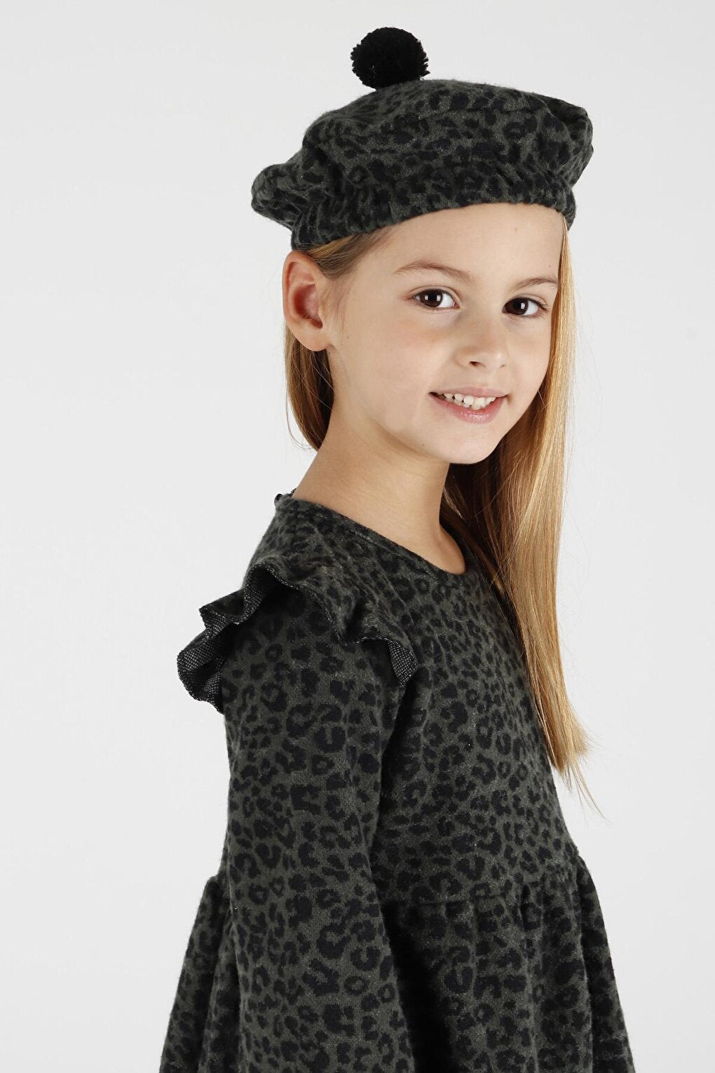 Girl's Leopard Patterned Ruffle Detailed Trendy Dress with Hat Ak2401