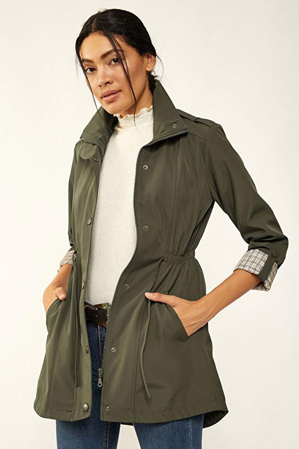 10322 Gathered Waist Trench Coat - Khaki