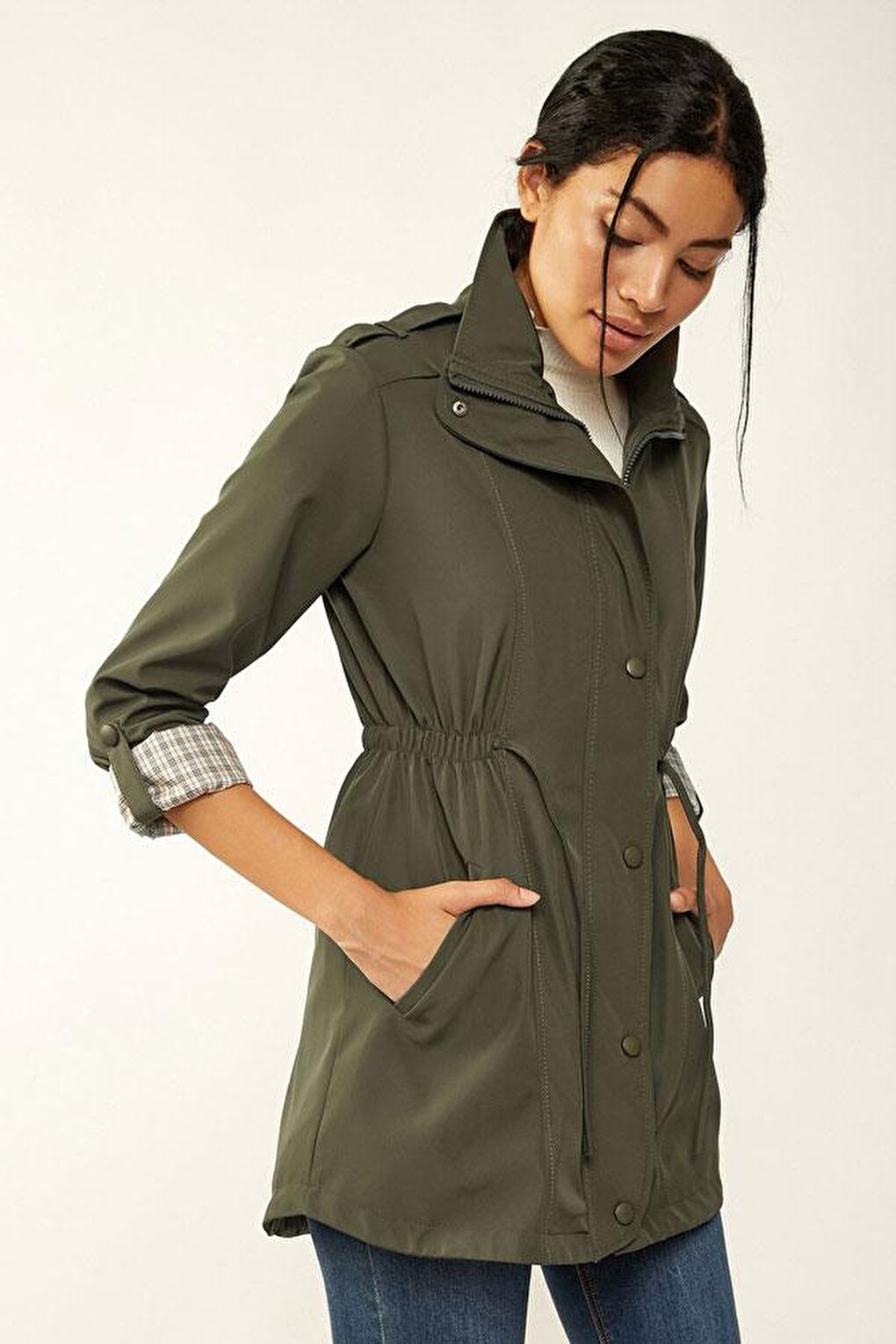 10322 Gathered Waist Trench Coat - Khaki