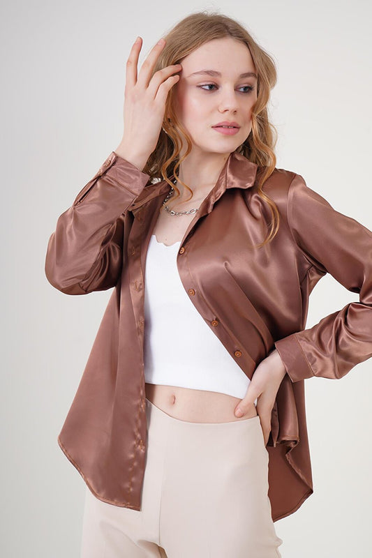 3964 Lightly Flowing Satin Shirt - Tan