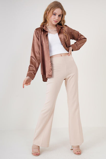 3964 Lightly Flowing Satin Shirt - Tan