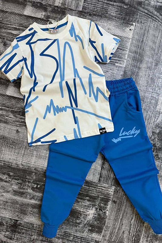 Boy's Text Printed Blue Tracksuit