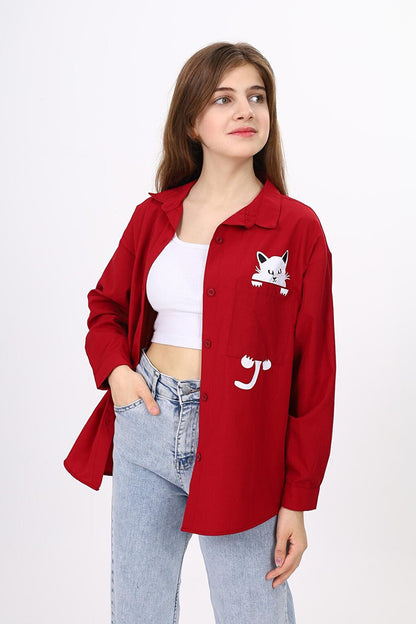 Girl's Casual Cut Cat Printed Linen Shirt 9-14 Years LX241-1