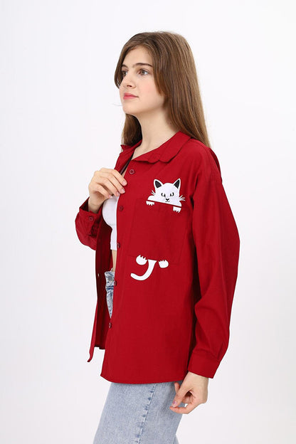 Girl's Casual Cut Cat Printed Linen Shirt 9-14 Years LX241-1