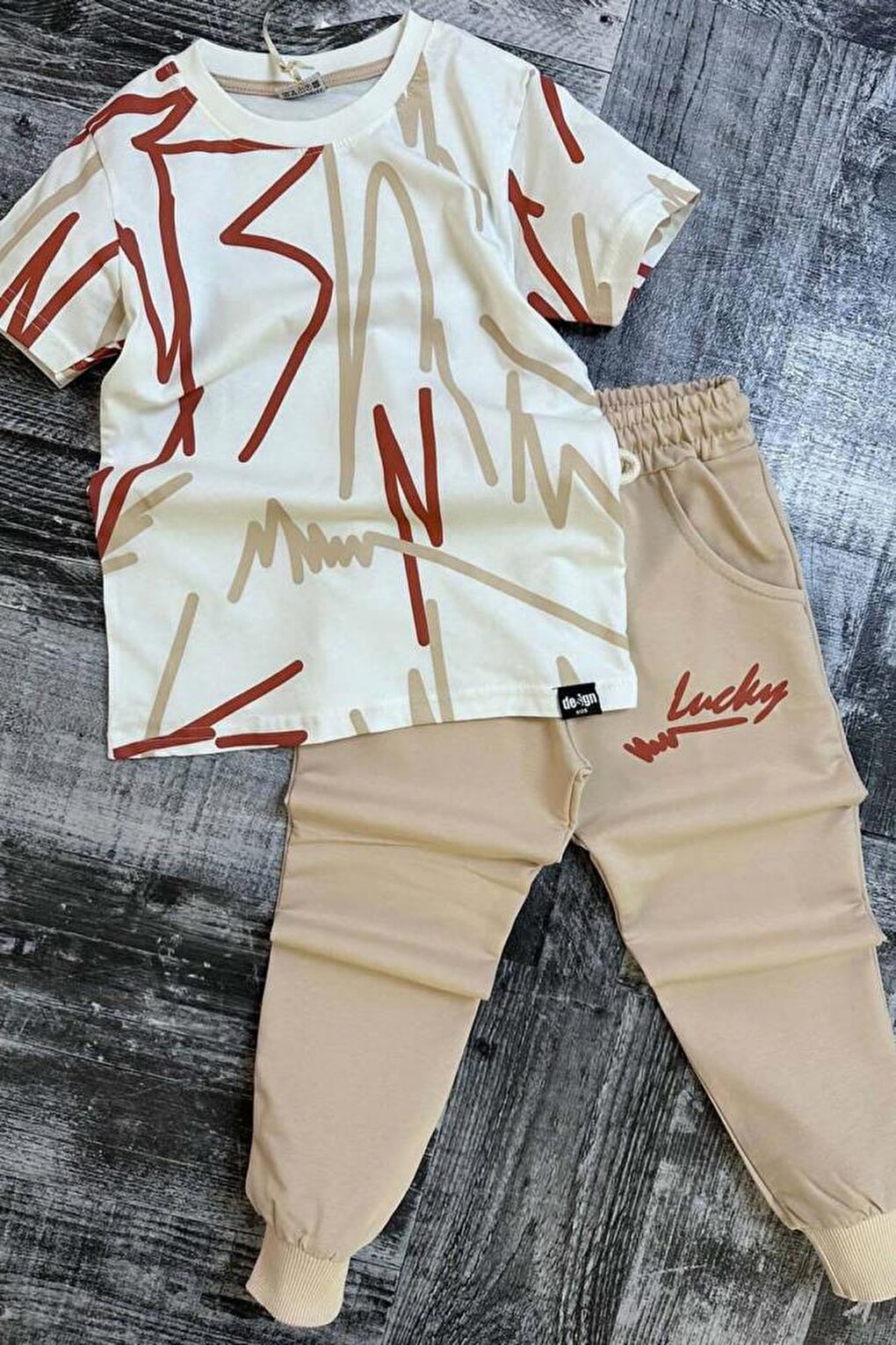 Boy's Text Printed Cream Tracksuit