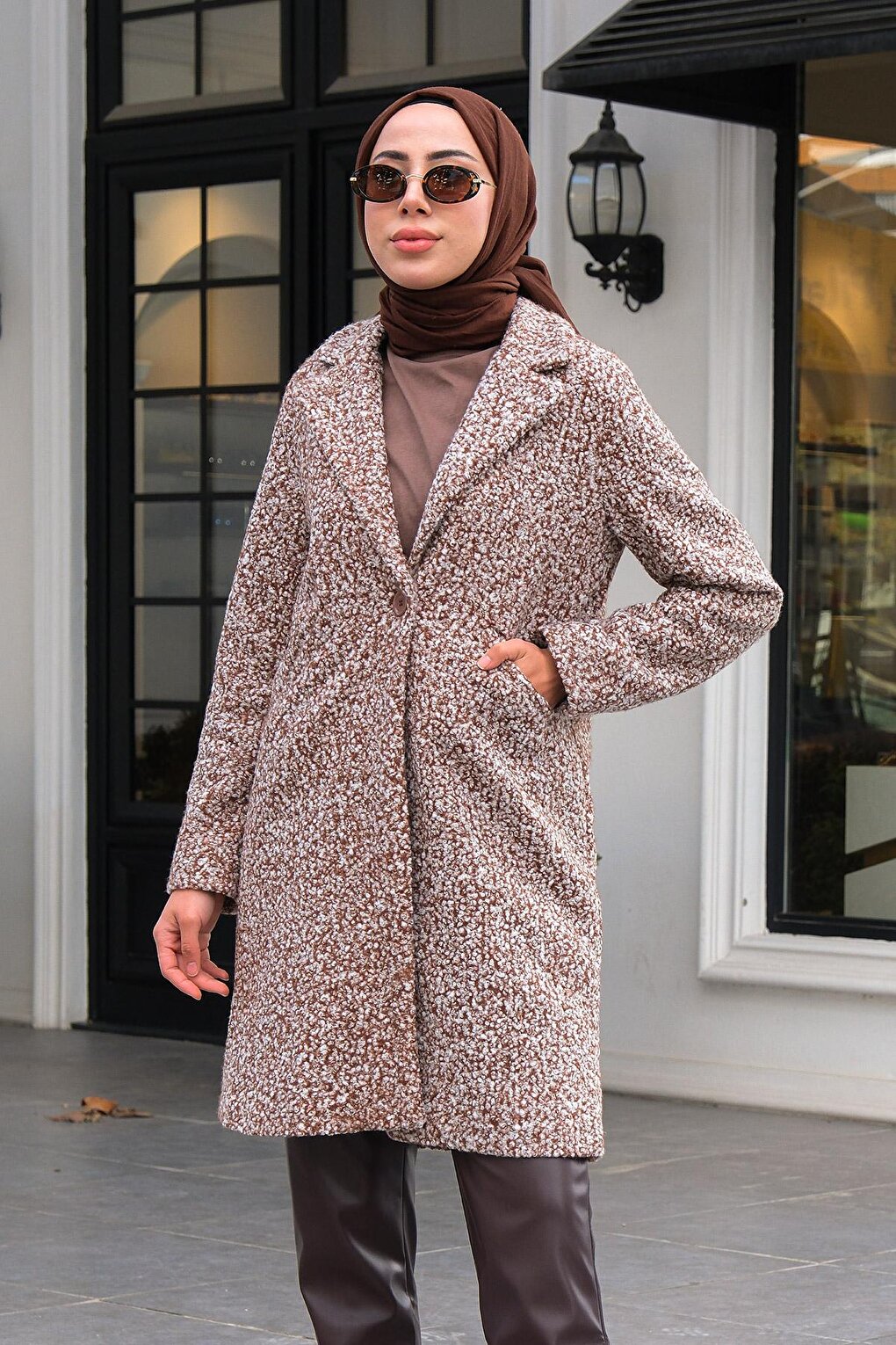 Double Breasted Collar Boucle Coat Brown