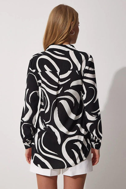 Women's Black Patterned Flowy Viscose Shirt