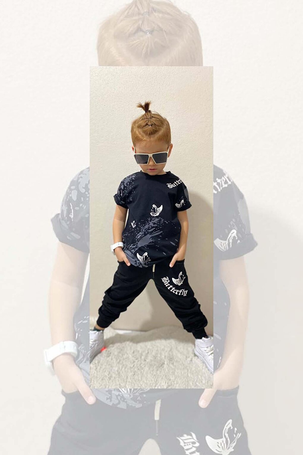 Boy's Butterfly Printed Black Tracksuit