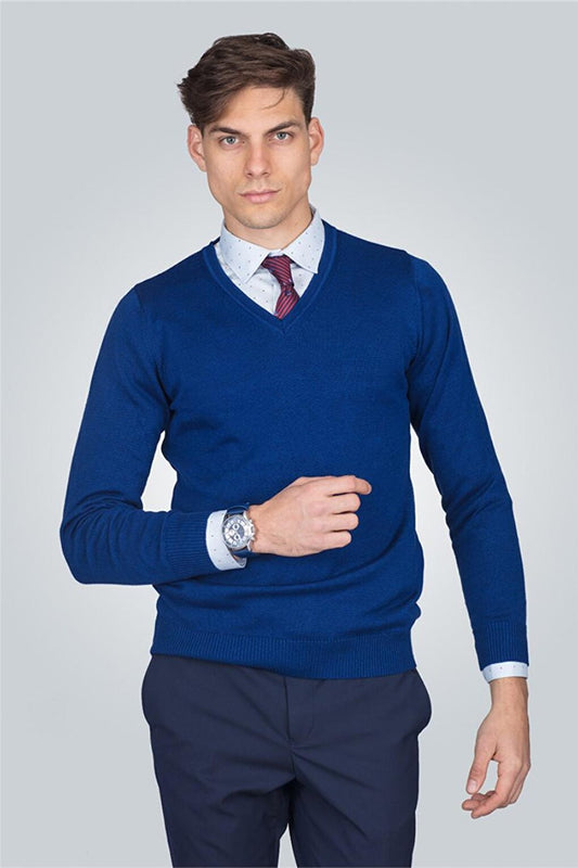 Slim Fit V-Neck Cotton Men's Blue Sweater