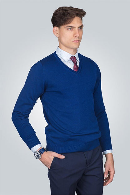 Slim Fit V-Neck Cotton Men's Blue Sweater