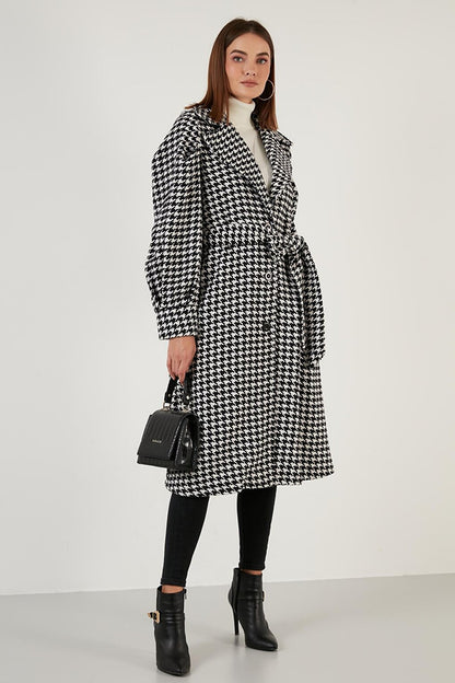 Houndstooth Patterned Belted Pocket Oversize Long Coat 611MNT06