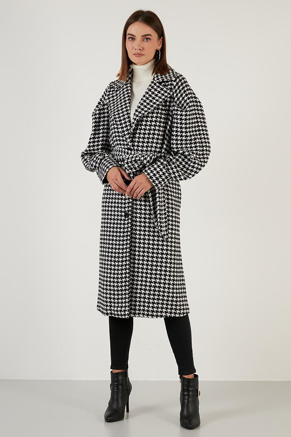 Houndstooth Patterned Belted Pocket Oversize Long Coat 611MNT06