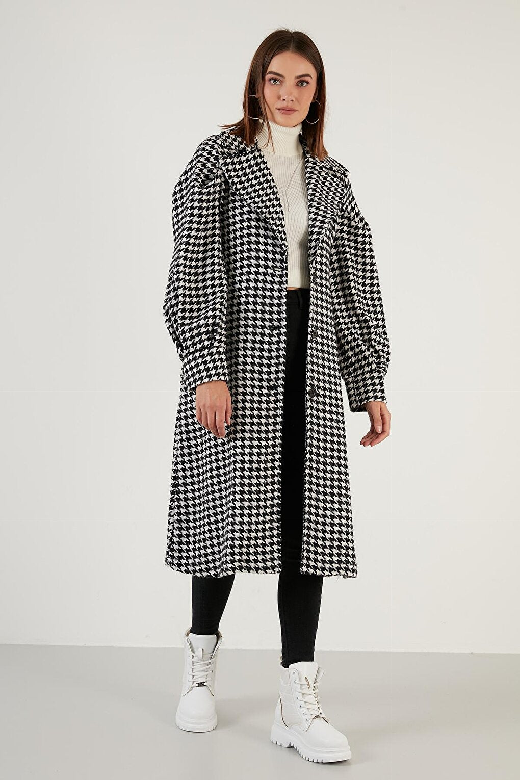 Houndstooth Patterned Belted Pocket Oversize Long Coat 611MNT06