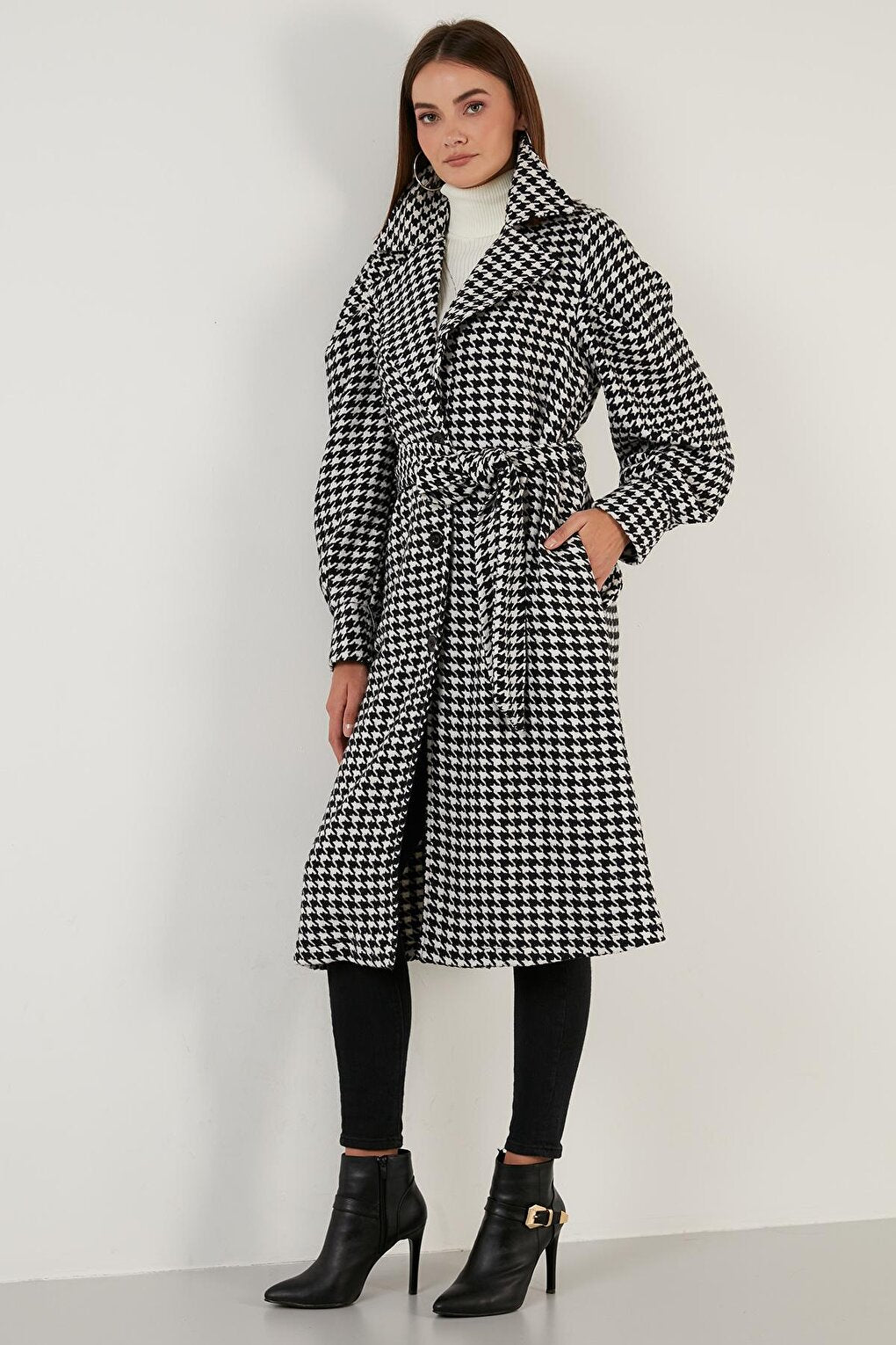 Houndstooth Patterned Belted Pocket Oversize Long Coat 611MNT06