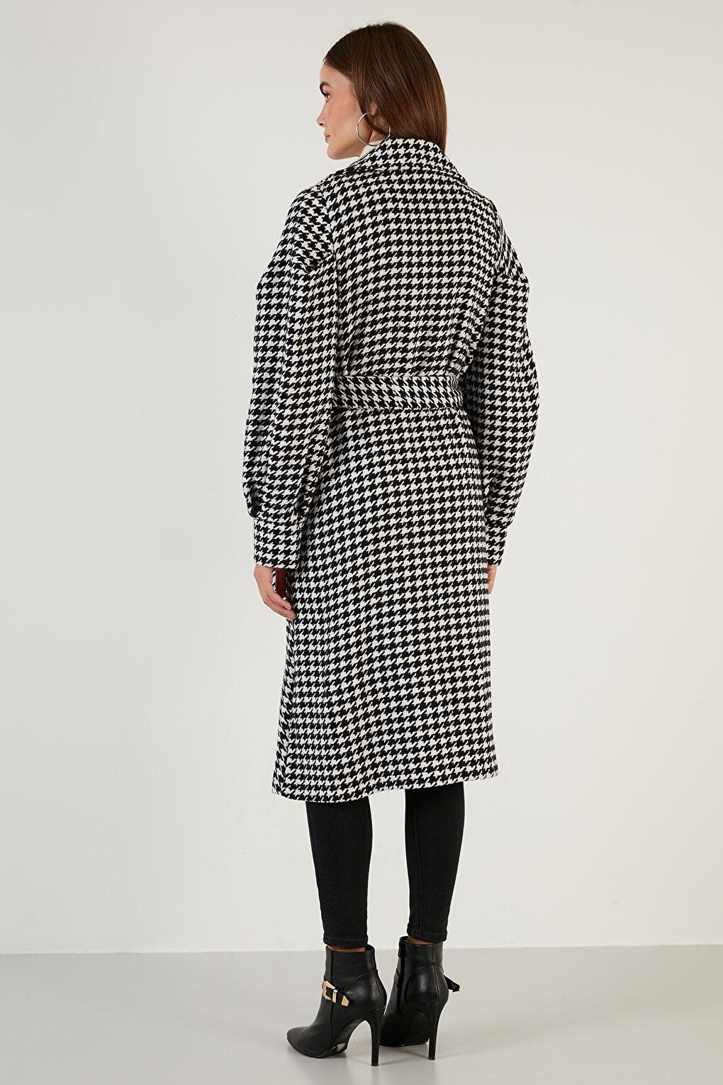 Houndstooth Patterned Belted Pocket Oversize Long Coat 611MNT06