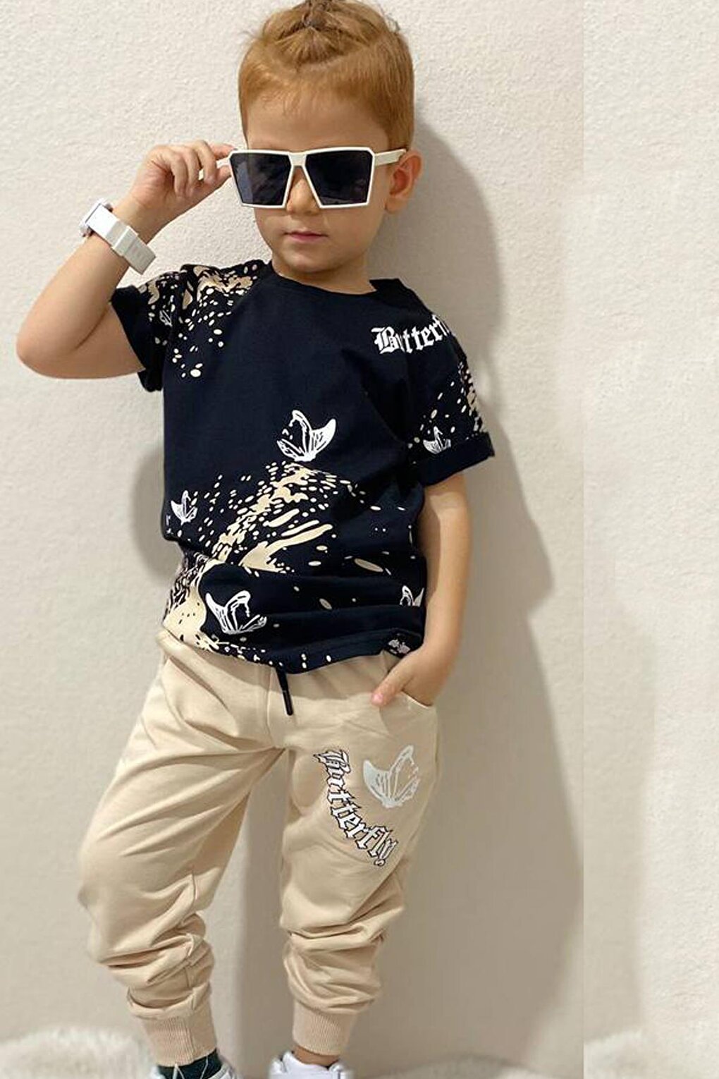 Boy's Butterfly Printed Cream Tracksuit