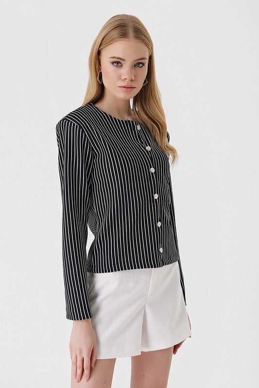 0681 Buttoned Striped Knitted Jacket - Black