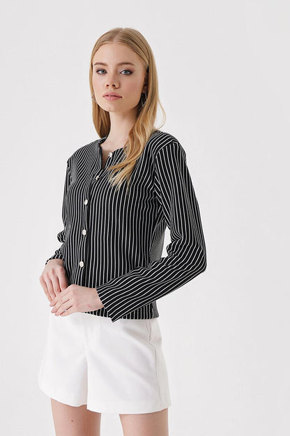 0681 Buttoned Striped Knitted Jacket - Black