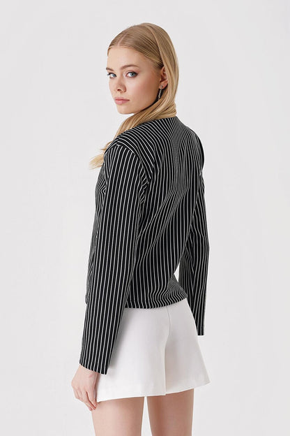 0681 Buttoned Striped Knitted Jacket - Black