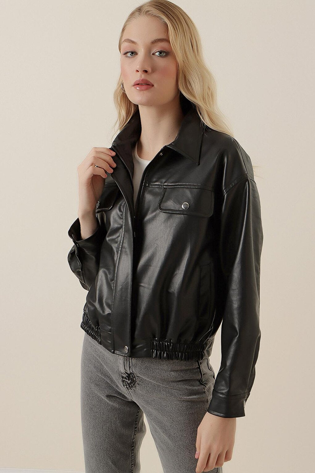 1033 Zippered Faux Leather Jacket - Black