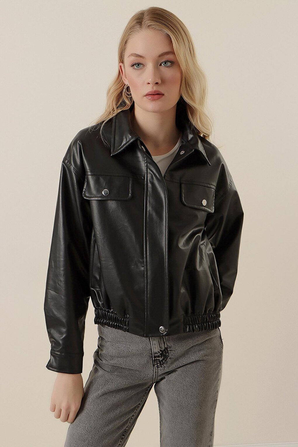 1033 Zippered Faux Leather Jacket - Black