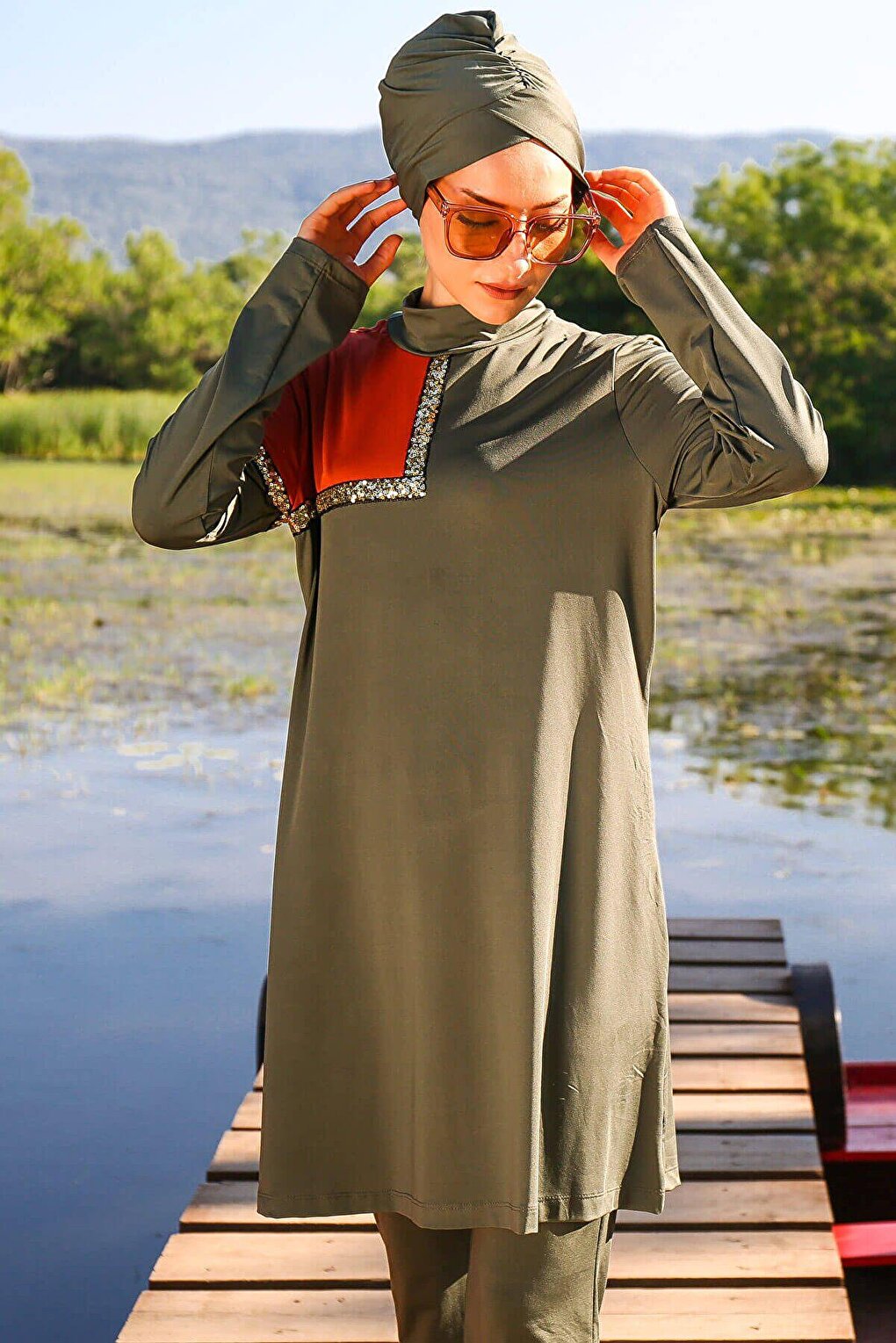 Khaki Fully Covered Hijab Swimsuit M2108