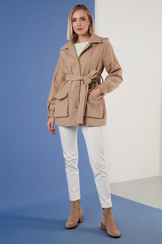 Cotton Regular Fit Belted Hooded Coat 6380057