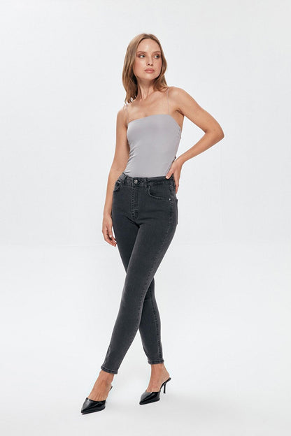 High Waist Slim Leg Jean Trousers Gray