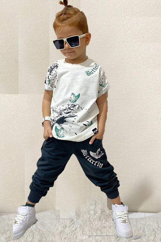 Boy's Butterfly Printed White Tracksuit