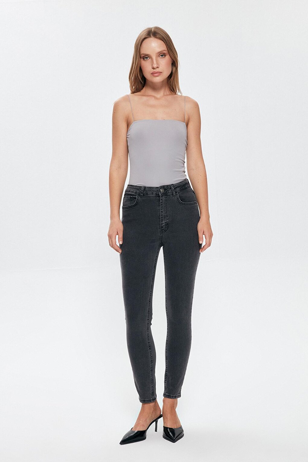 High Waist Slim Leg Jean Trousers Gray