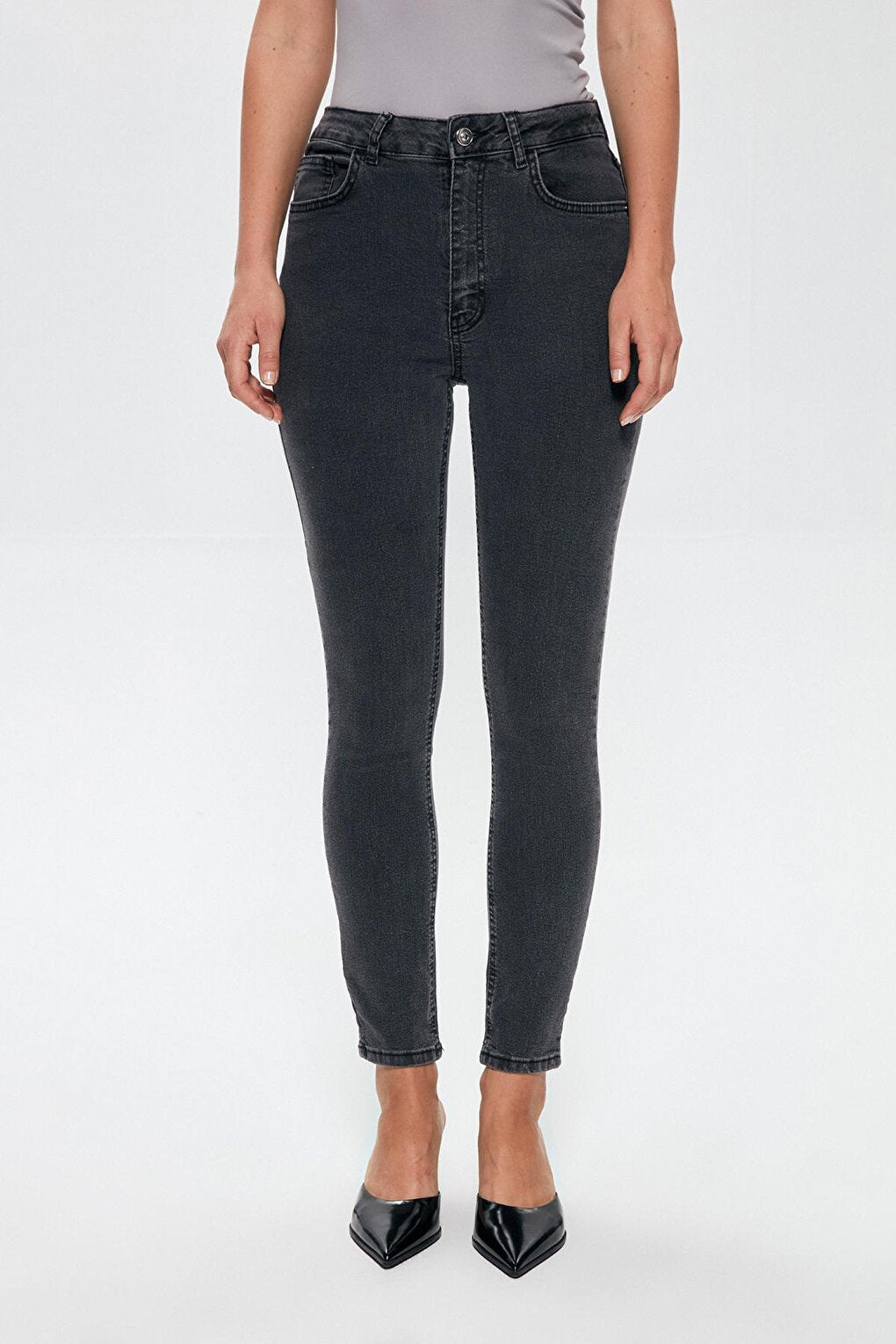 High Waist Slim Leg Jean Trousers Gray