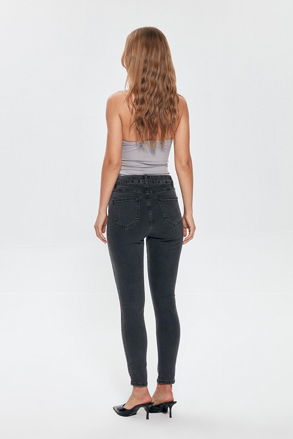 High Waist Slim Leg Jean Trousers Gray