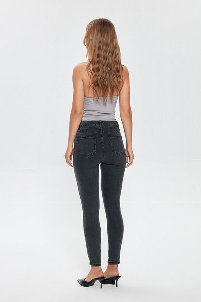 High Waist Slim Leg Jean Trousers Gray