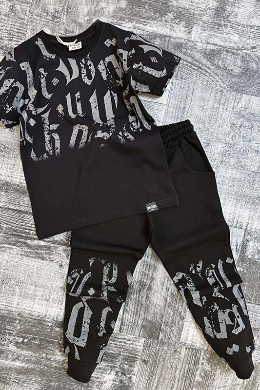 Boy's Antique Patterned Black Tracksuit