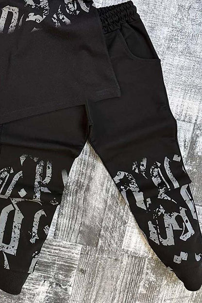 Boy's Antique Patterned Black Tracksuit