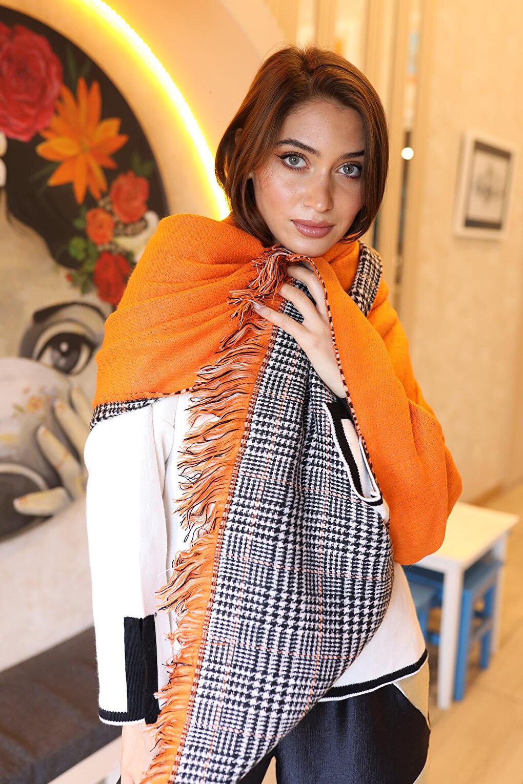 Double Sided Houndstooth Patterned Scarf Shoulder Shawl 70X185 cm 1212 Orange