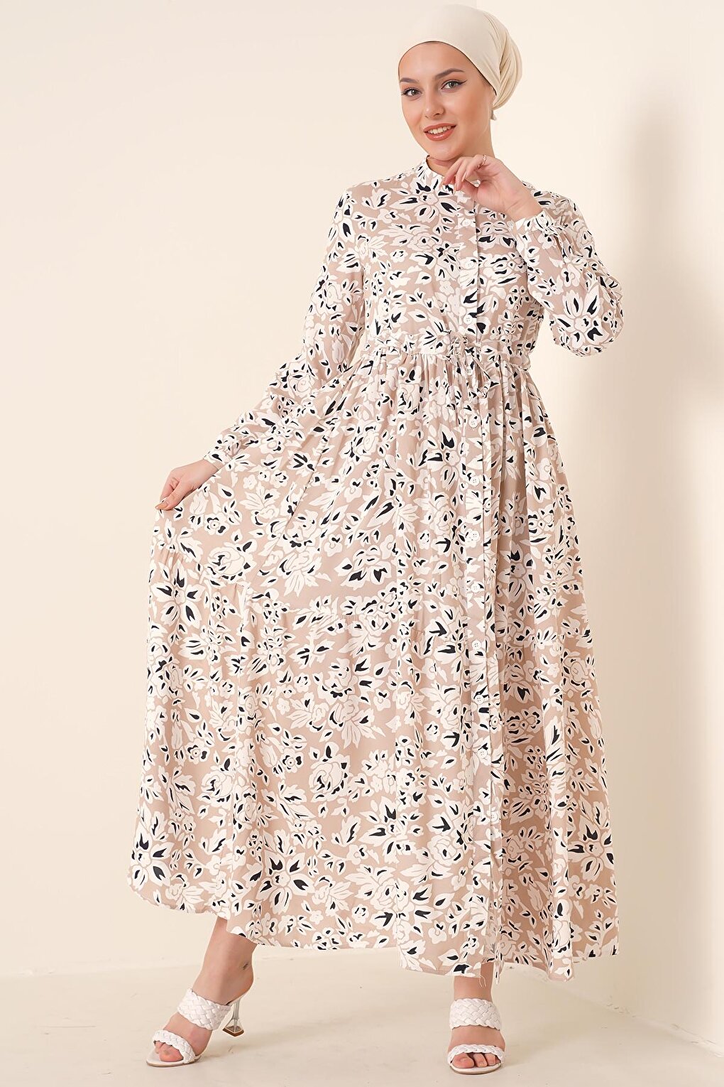 2144 Magnificent Collar Hijab Dress - Cream