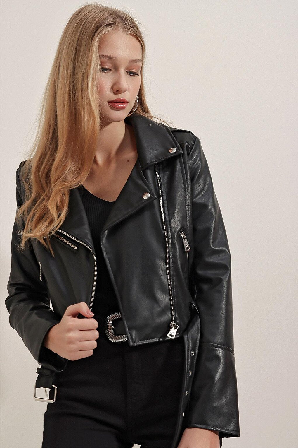 1029 Biker Faux Leather Jacket - Black