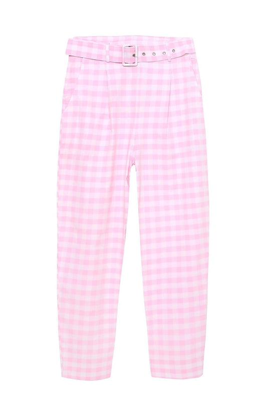 Belt Detailed Checked High Waist Trousers Pink