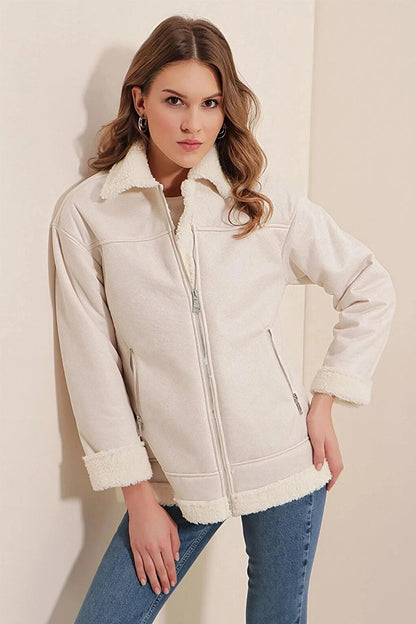 Women's White Collar and Faux Fur Inside, Front Zipper Pocket Faux Leather Coat HZL24W-BD191031